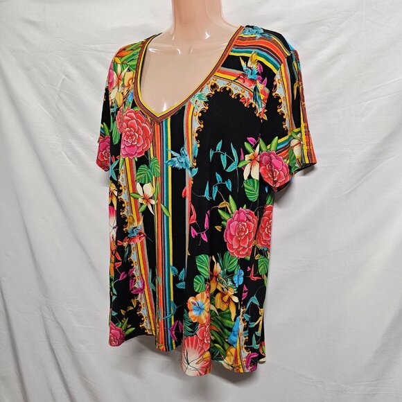 Johnny Was Floral V Neck Top Tee Women Size XL Bamboo - Picture 5 of 15